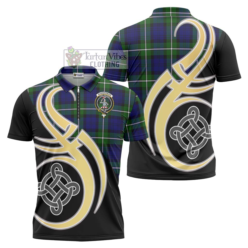 Tartan Vibes Clothing Bannerman Tartan Zipper Polo Shirt with Family Crest and Celtic Symbol Style