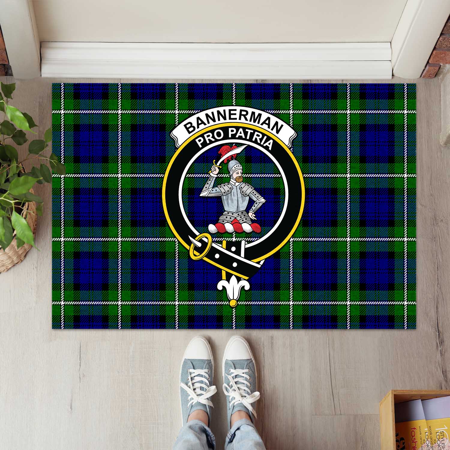 Bannerman Tartan Door Mat with Family Crest - Tartanvibesclothing