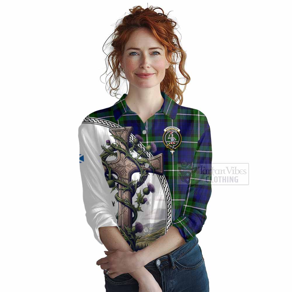 Tartan Vibes Clothing Bannerman Tartan Women's Casual Shirt with Family Crest and St. Andrew's Cross Accented by Thistle Vines