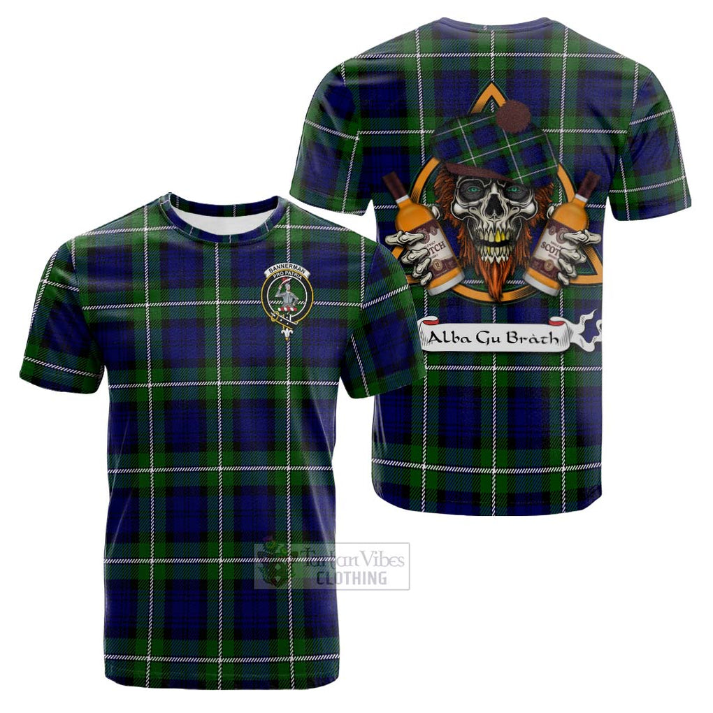 Tartan Vibes Clothing Bannerman Tartan Cotton T-shirt with Family Crest and Bearded Skull Holding Bottles of Whiskey