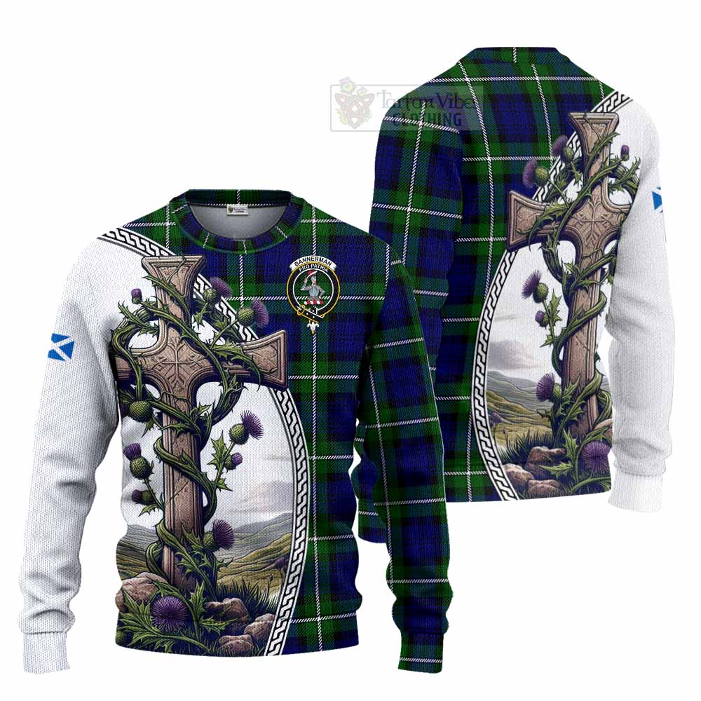 Tartan Vibes Clothing Bannerman Tartan Knitted Sweater with Family Crest and St. Andrew's Cross Accented by Thistle Vines