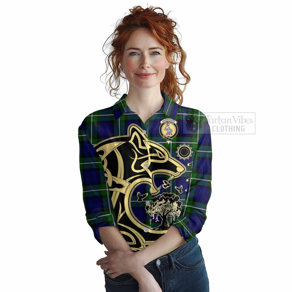 Tartan Vibes Clothing Bannerman Tartan Women's Casual Shirt with Family Crest Celtic Wolf Style