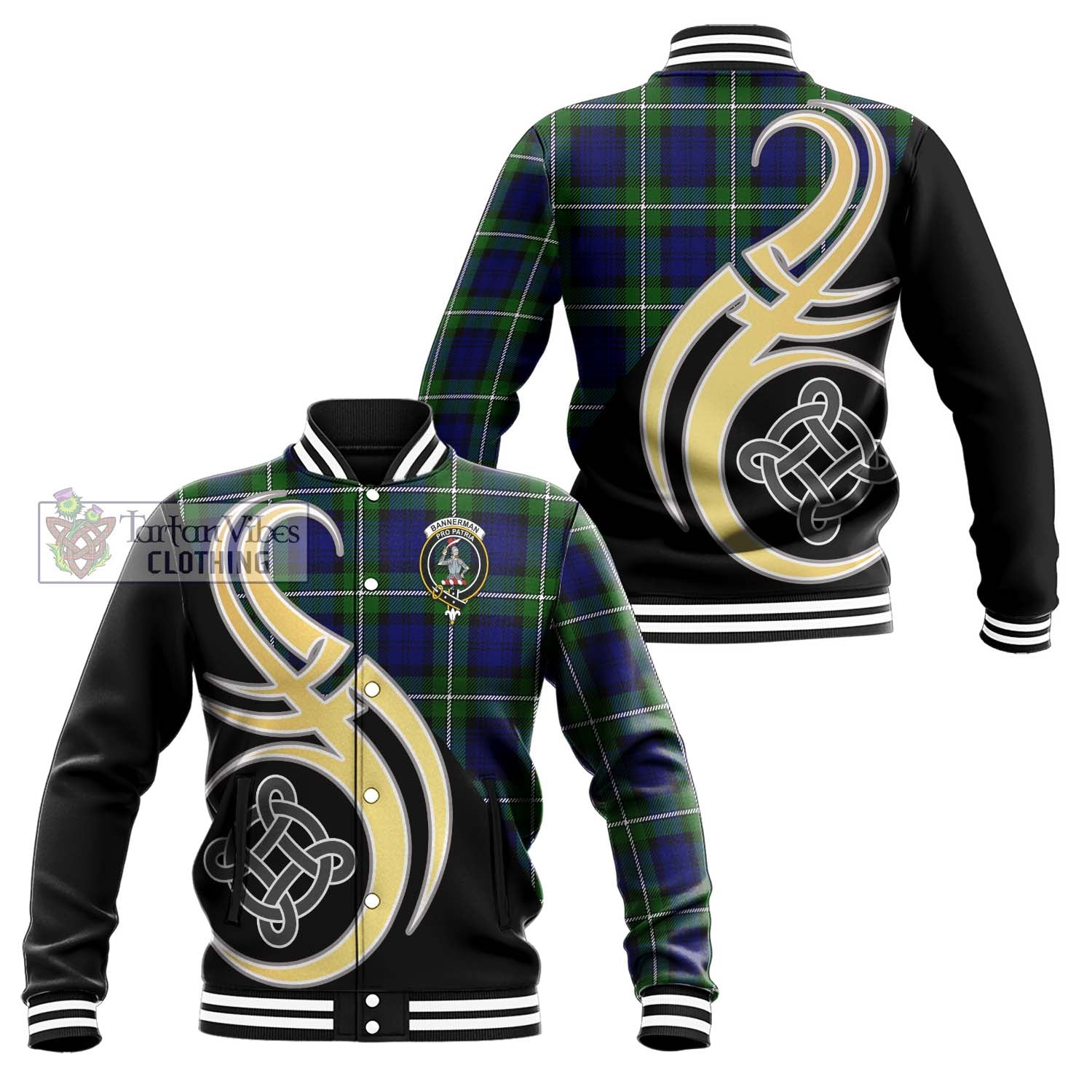 Bannerman Tartan Baseball Jacket with Family Crest and Celtic Symbol Style Unisex - Tartan Vibes Clothing