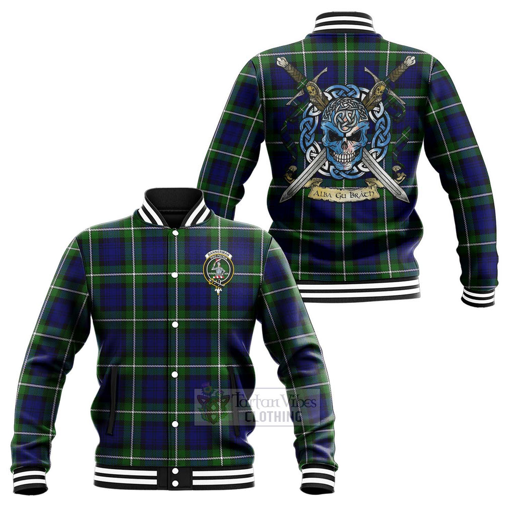 Tartan Vibes Clothing Bannerman Tartan Baseball Jacket with Family Crest Celtic Skull Style