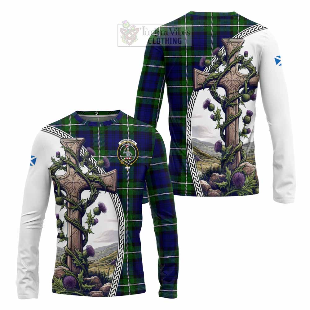 Tartan Vibes Clothing Bannerman Tartan Long Sleeve T-Shirt with Family Crest and St. Andrew's Cross Accented by Thistle Vines