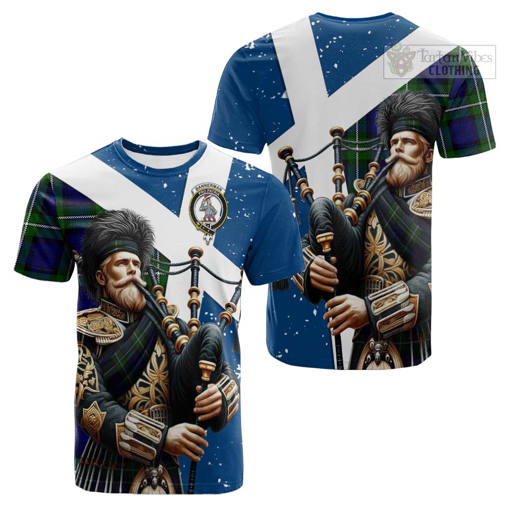 Tartan Vibes Clothing Bannerman Tartan Cotton T-shirt with Family Crest Scottish Bagpiper Vibes