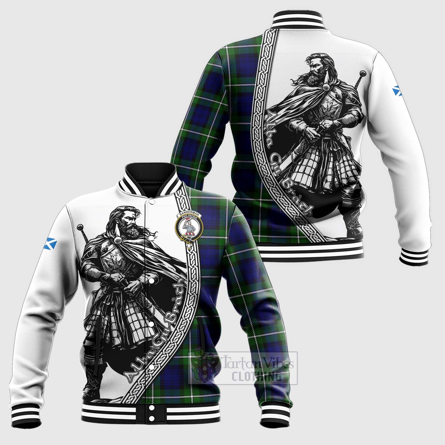 Tartan Vibes Clothing Bannerman Tartan Clan Crest Baseball Jacket with Highlander Warrior Celtic Style