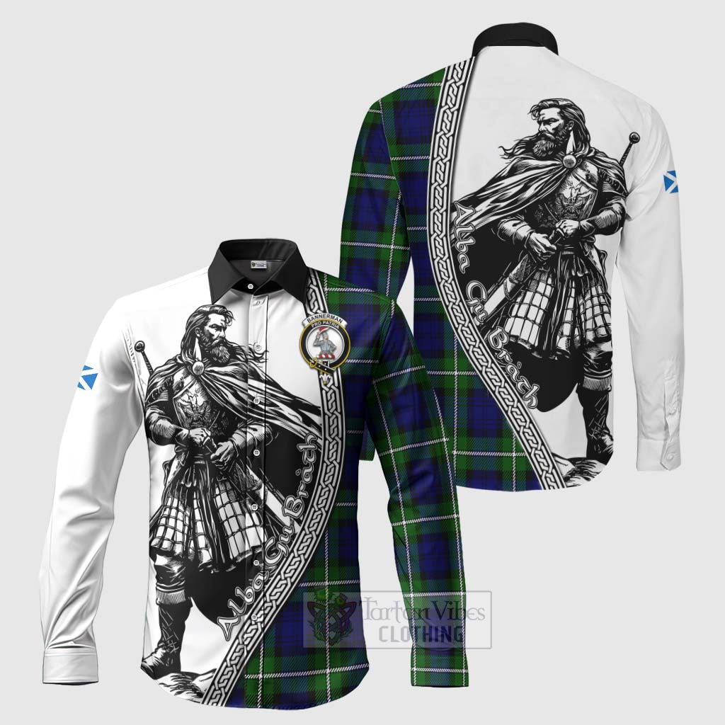 Tartan Vibes Clothing Bannerman Tartan Clan Crest Long Sleeve Button Shirt with Highlander Warrior Celtic Style