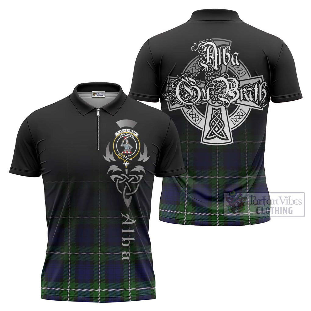 Tartan Vibes Clothing Bannerman Tartan Zipper Polo Shirt Featuring Alba Gu Brath Family Crest Celtic Inspired