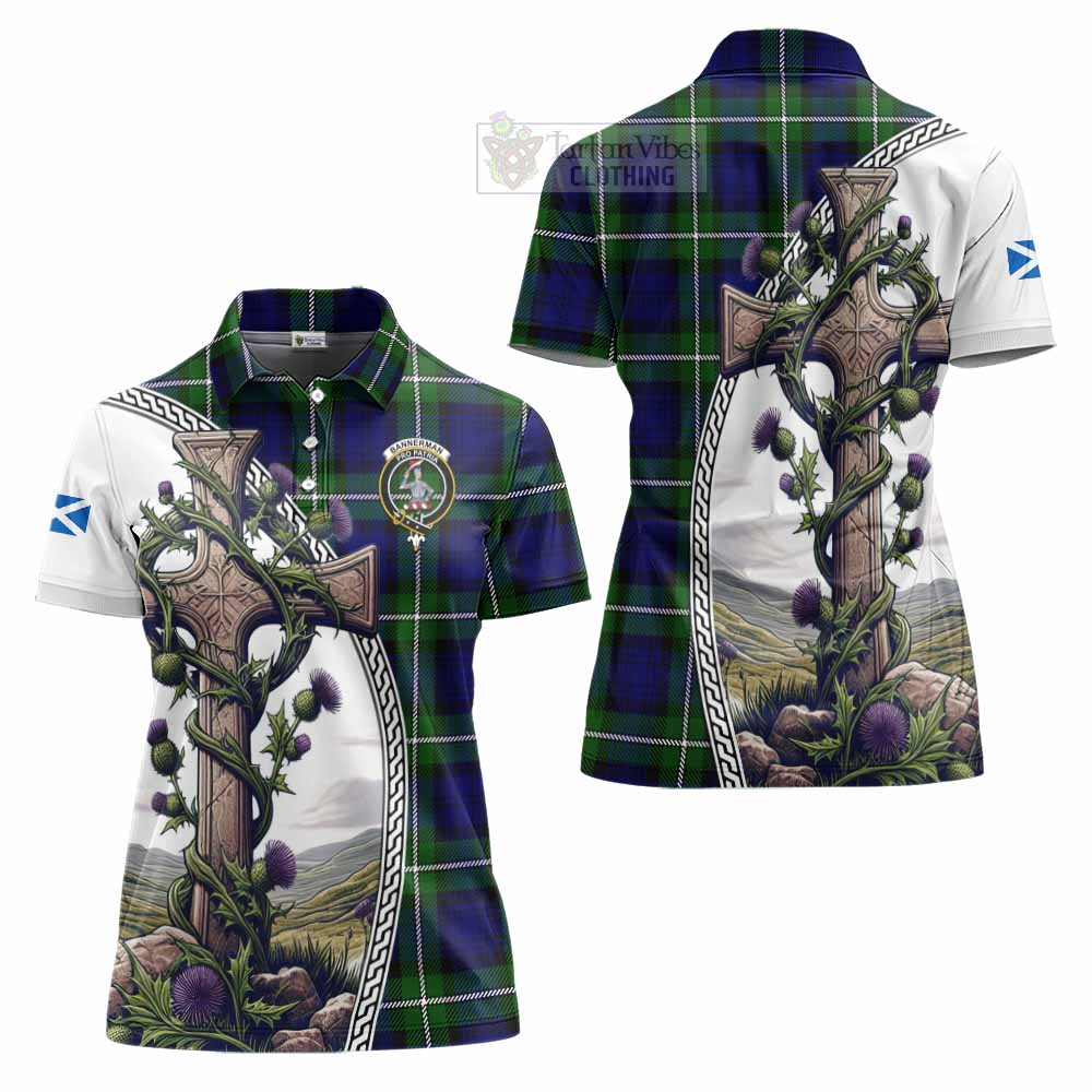 Tartan Vibes Clothing Bannerman Tartan Women's Polo Shirt with Family Crest and St. Andrew's Cross Accented by Thistle Vines