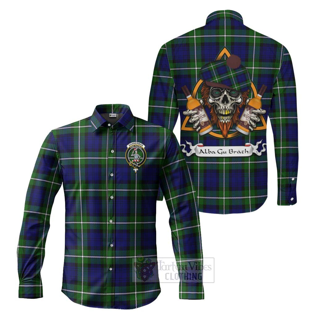 Tartan Vibes Clothing Bannerman Tartan Long Sleeve Button Shirt with Family Crest and Bearded Skull Holding Bottles of Whiskey