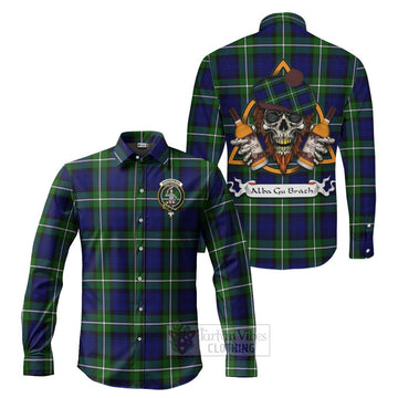 Bannerman Tartan Long Sleeve Button Shirt with Family Crest and Bearded Skull Holding Bottles of Whiskey