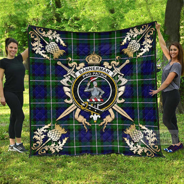 Bannerman Tartan Quilt with Family Crest and Golden Thistle Crossed Sword Design