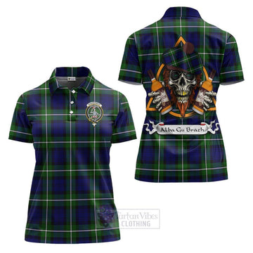 Bannerman Tartan Women's Polo Shirt with Family Crest and Bearded Skull Holding Bottles of Whiskey