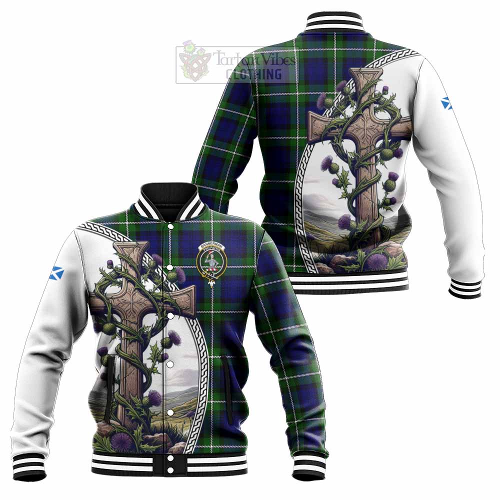 Tartan Vibes Clothing Bannerman Tartan Baseball Jacket with Family Crest and St. Andrew's Cross Accented by Thistle Vines