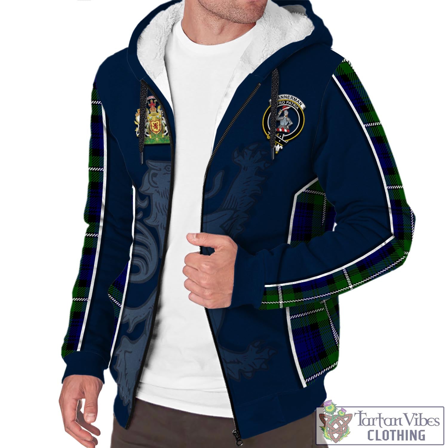 Tartan Vibes Clothing Bannerman Tartan Sherpa Hoodie with Family Crest and Lion Rampant Vibes Sport Style