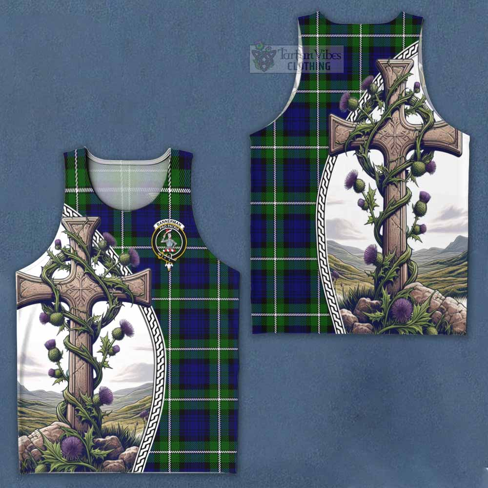 Tartan Vibes Clothing Bannerman Tartan Men's Tank Top with Family Crest and St. Andrew's Cross Accented by Thistle Vines