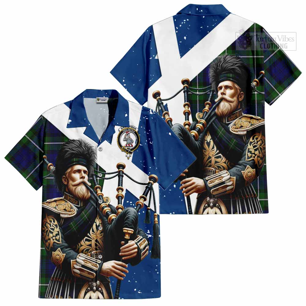 Tartan Vibes Clothing Bannerman Tartan Short Sleeve Button Shirt with Family Crest Scottish Bagpiper Vibes