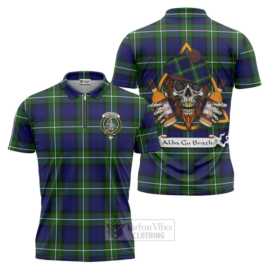 Tartan Vibes Clothing Bannerman Tartan Zipper Polo Shirt with Family Crest and Bearded Skull Holding Bottles of Whiskey