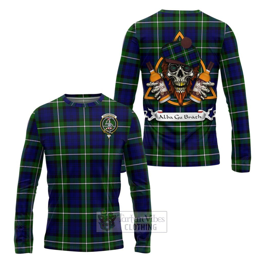 Tartan Vibes Clothing Bannerman Tartan Long Sleeve T-Shirt with Family Crest and Bearded Skull Holding Bottles of Whiskey