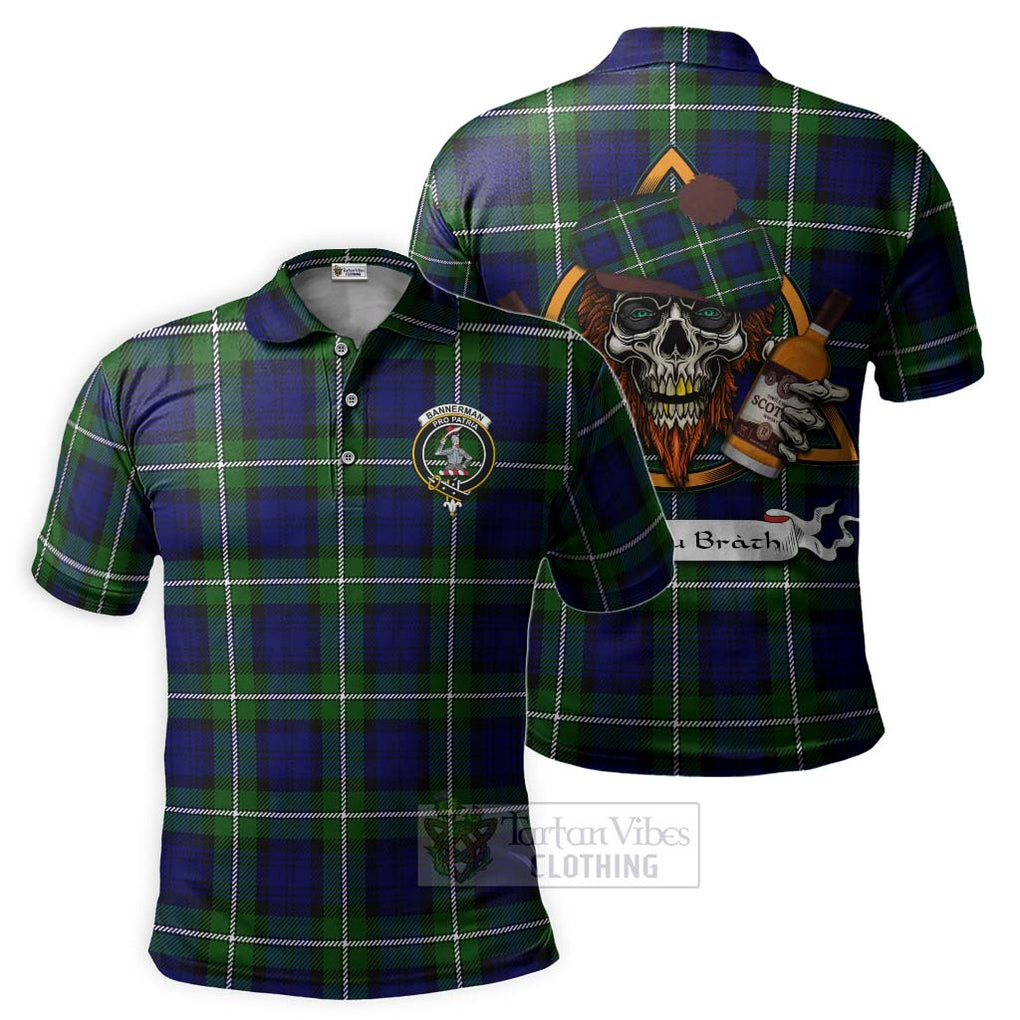 Tartan Vibes Clothing Bannerman Tartan Polo Shirt with Family Crest and Bearded Skull Holding Bottles of Whiskey