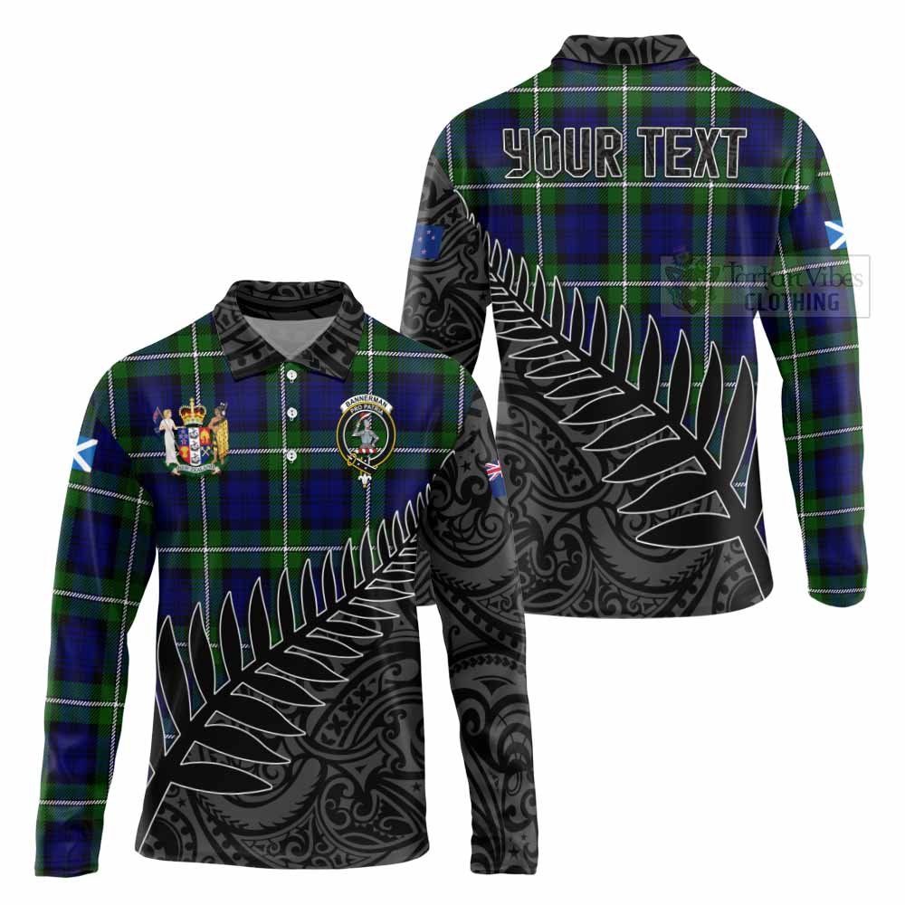 Tartan Vibes Clothing Bannerman Crest Tartan Long Sleeve Polo Shirt with New Zealand Silver Fern Half Style