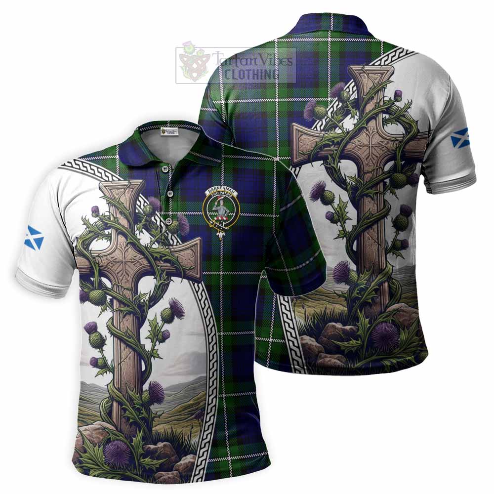 Tartan Vibes Clothing Bannerman Tartan Polo Shirt with Family Crest and St. Andrew's Cross Accented by Thistle Vines