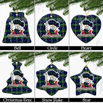 Bannerman Tartan Christmas Ceramic Ornaments with Scottish Gnome Playing Bagpipes