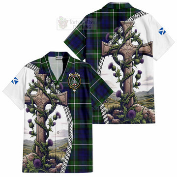 Bannerman Tartan Short Sleeve Button Shirt with Family Crest and St. Andrew's Cross Accented by Thistle Vines