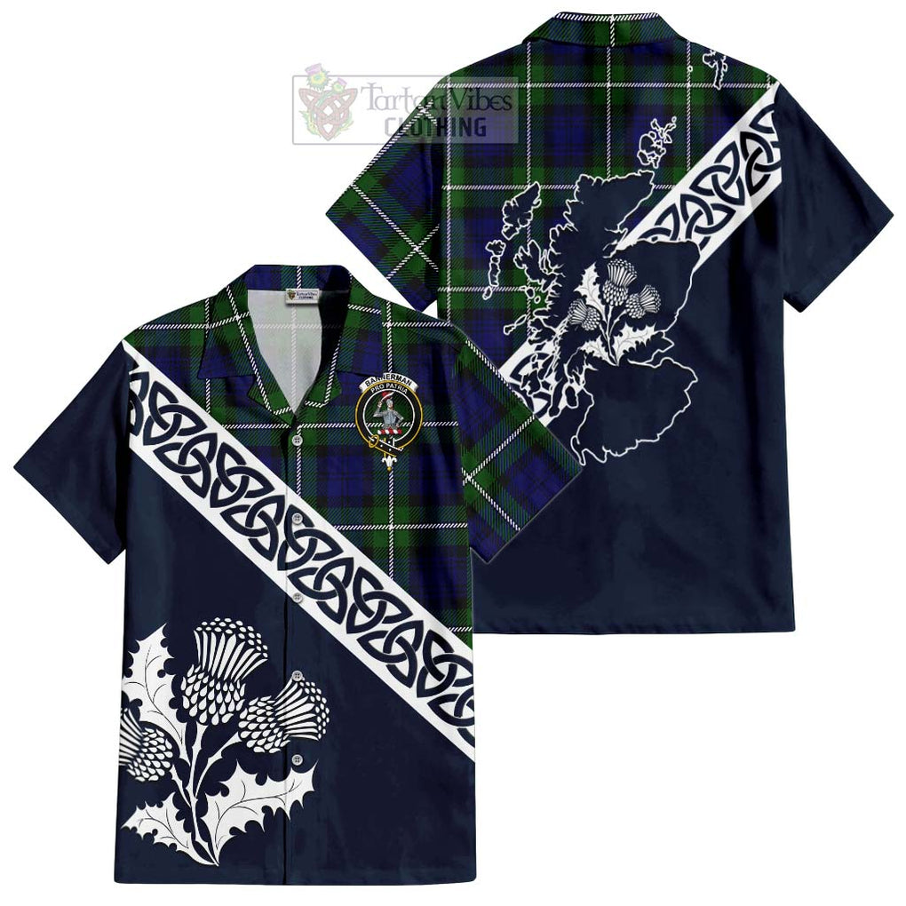 Tartan Vibes Clothing Bannerman Tartan Short Sleeve Button Shirt Featuring Thistle and Scotland Map