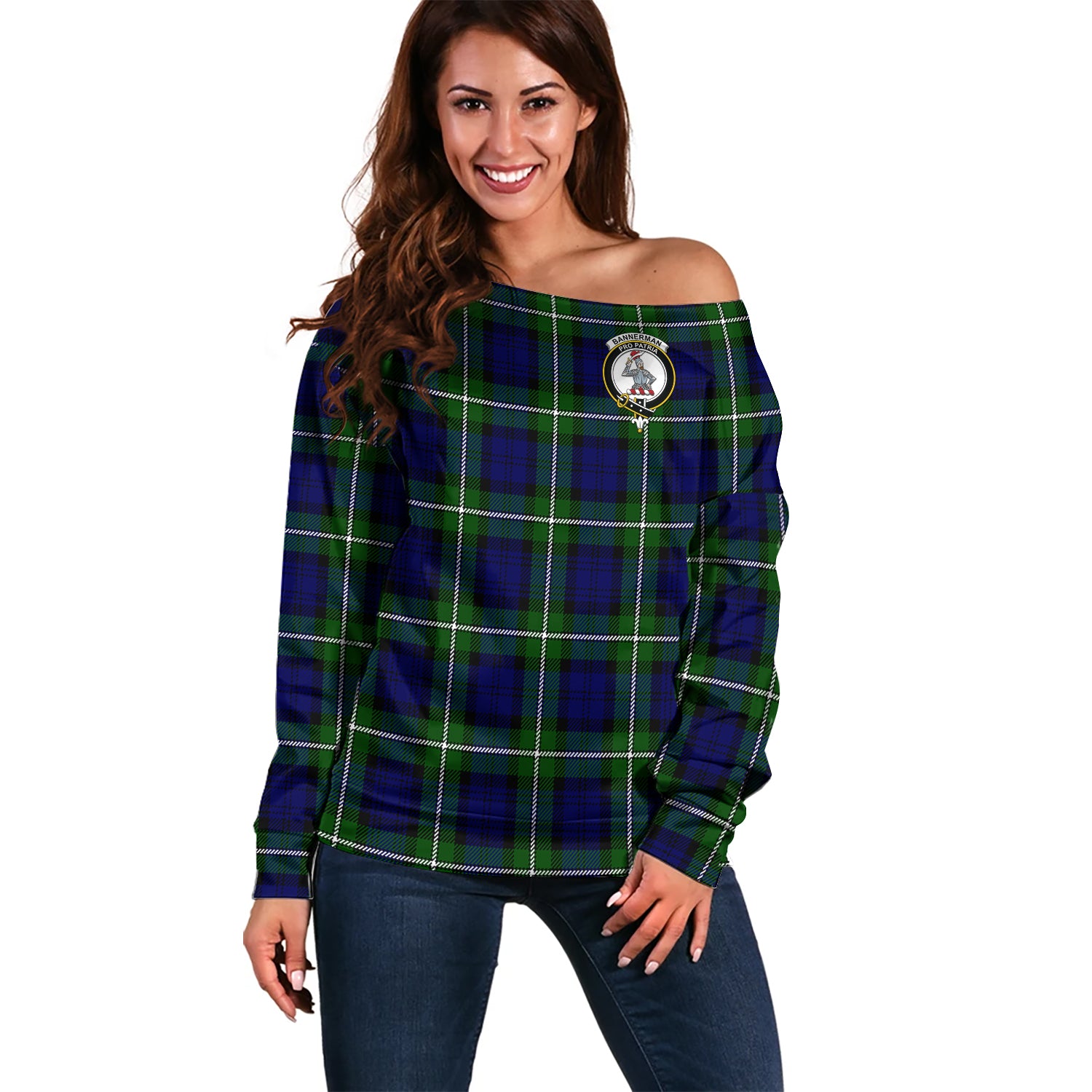 Bannerman Tartan Off Shoulder Women Sweater with Family Crest Women - Tartanvibesclothing