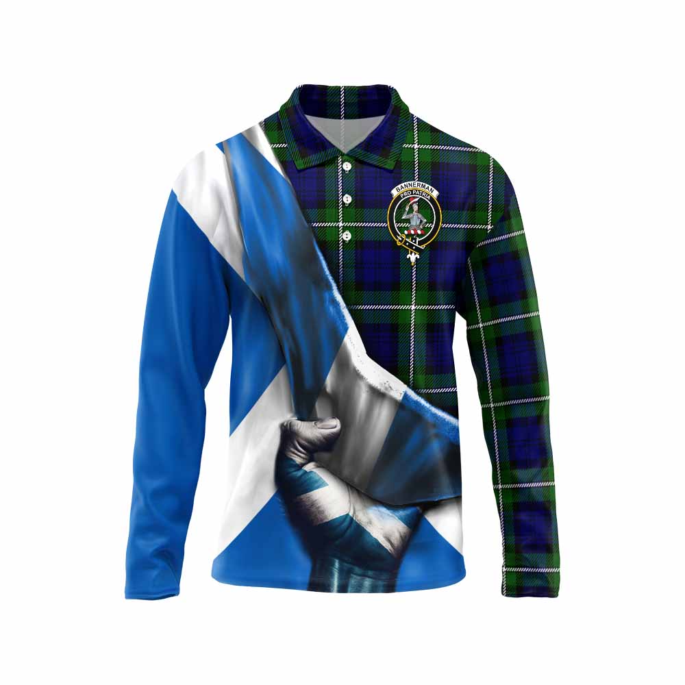 Tartan Vibes Clothing Bannerman Tartan Long Sleeve Polo Shirt with Family Crest Scotland Patriotic Style