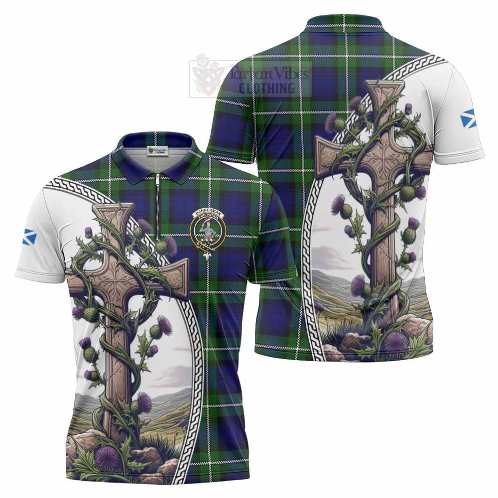 Tartan Vibes Clothing Bannerman Tartan Zipper Polo Shirt with Family Crest and St. Andrew's Cross Accented by Thistle Vines