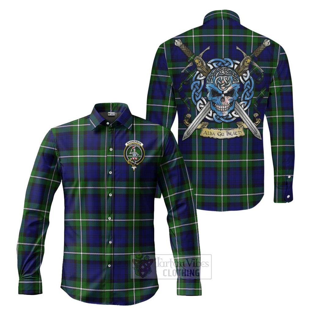 Tartan Vibes Clothing Bannerman Tartan Long Sleeve Button Shirt with Family Crest Celtic Skull Style