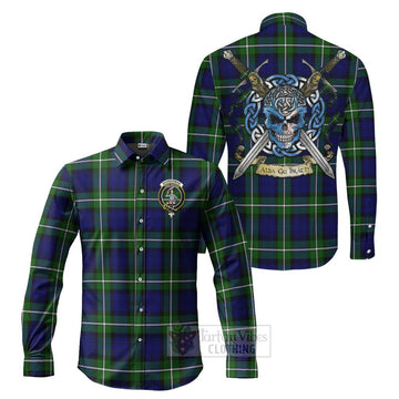 Bannerman Tartan Long Sleeve Button Shirt with Family Crest Celtic Skull Style