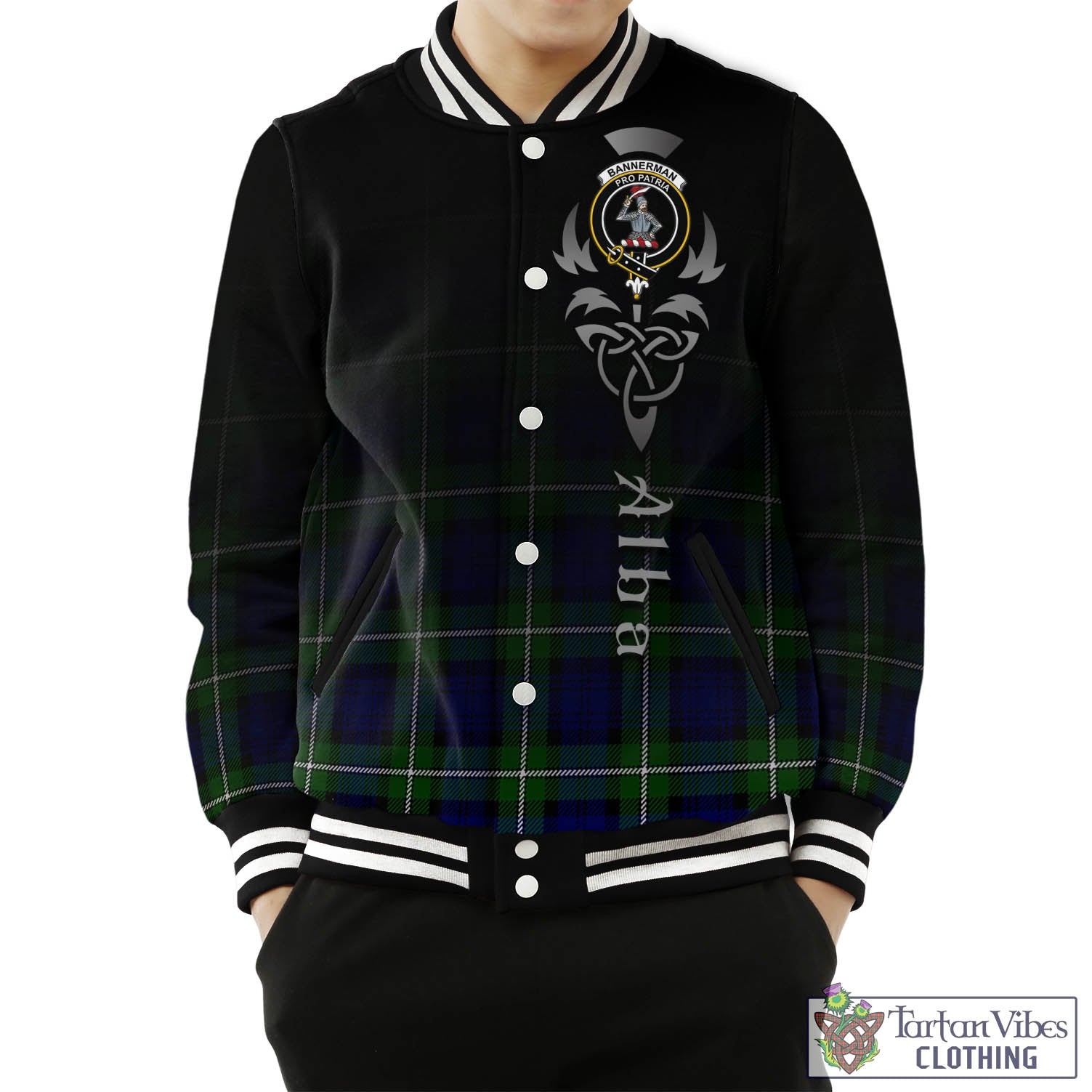 Tartan Vibes Clothing Bannerman Tartan Baseball Jacket Featuring Alba Gu Brath Family Crest Celtic Inspired