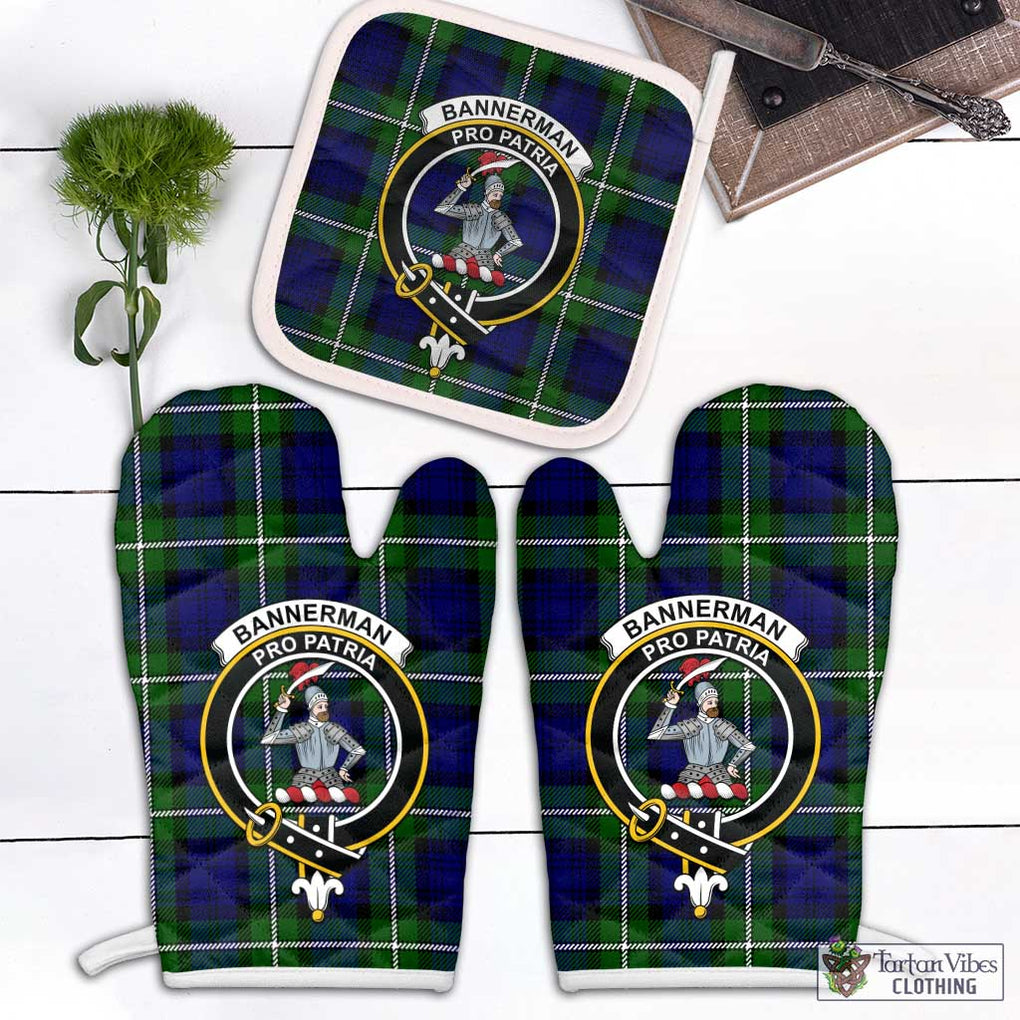 Bannerman Tartan Combo Oven Mitt & Pot-Holder with Family Crest Combo 1 Oven Mitt & 1 Pot-Holder White - Tartan Vibes Clothing