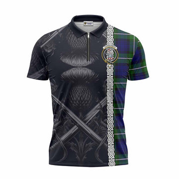 Bannerman Tartan Zipper Polo Shirt with Family Crest Cross Sword Thistle Celtic Vibes