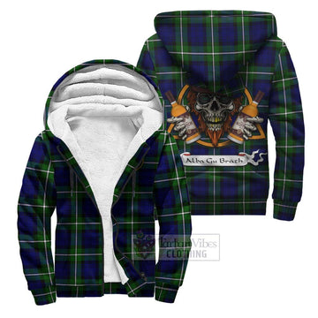 Bannerman Tartan Sherpa Hoodie with Family Crest and Bearded Skull Holding Bottles of Whiskey