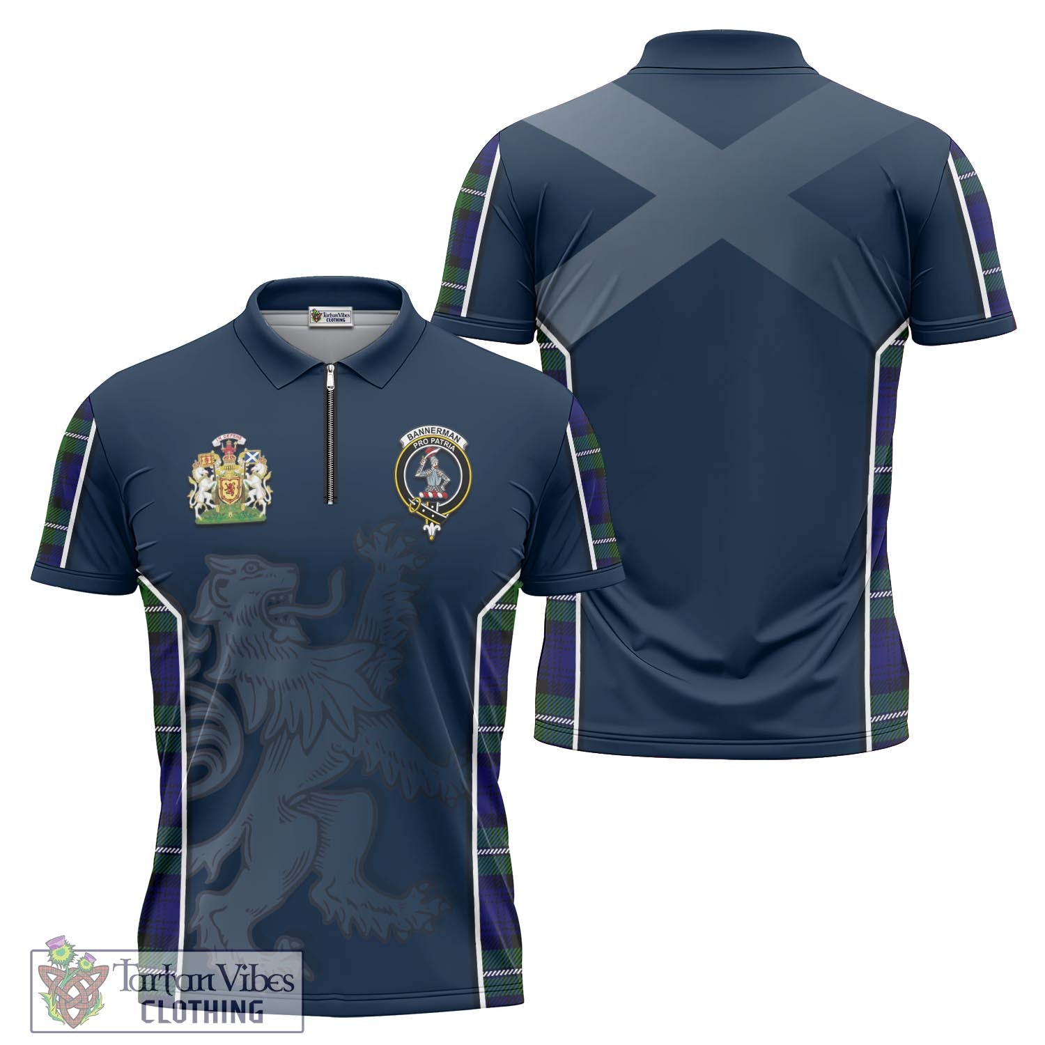 Tartan Vibes Clothing Bannerman Tartan Zipper Polo Shirt with Family Crest and Lion Rampant Vibes Sport Style