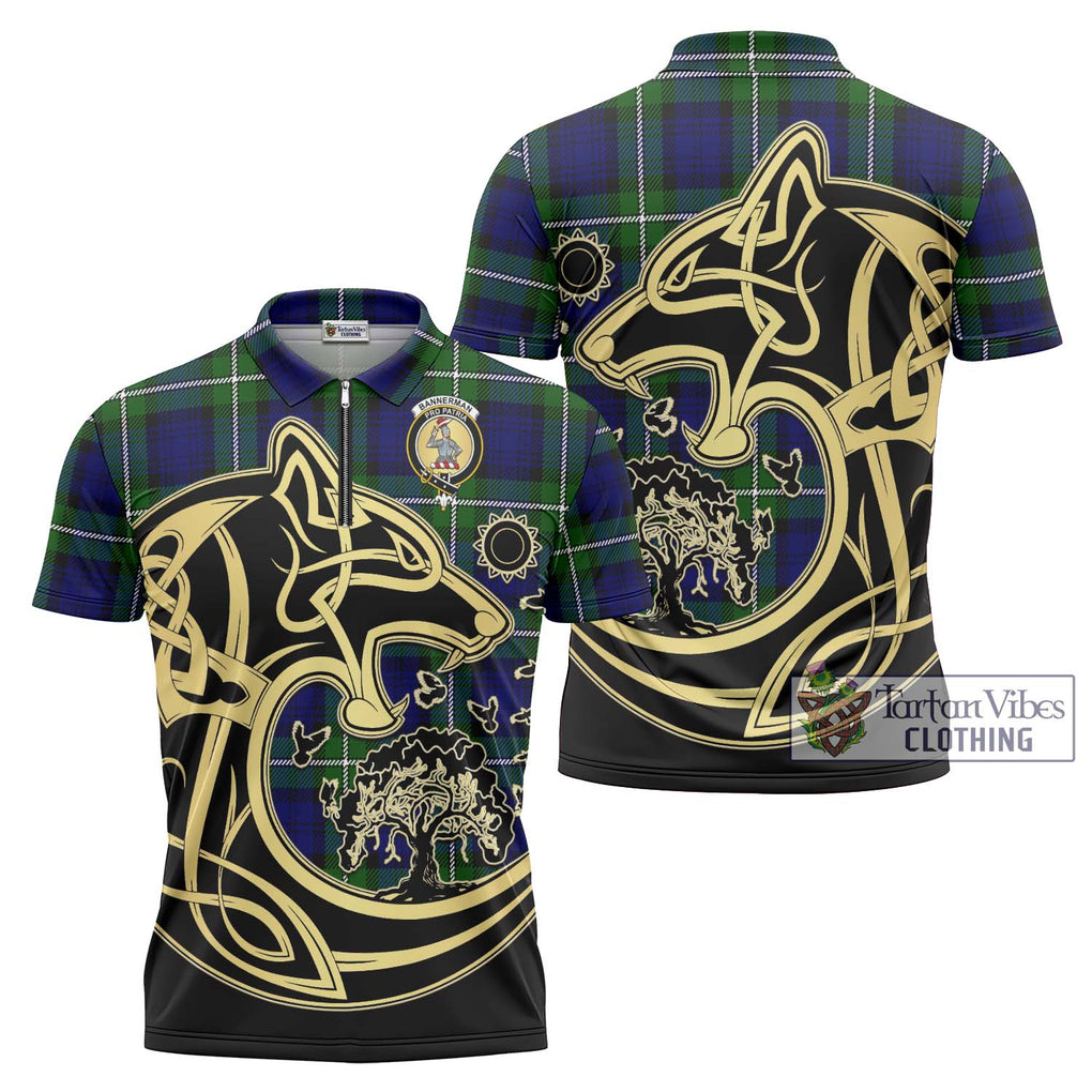 Bannerman Tartan Zipper Polo Shirt with Family Crest Celtic Wolf Style Unisex - Tartanvibesclothing Shop