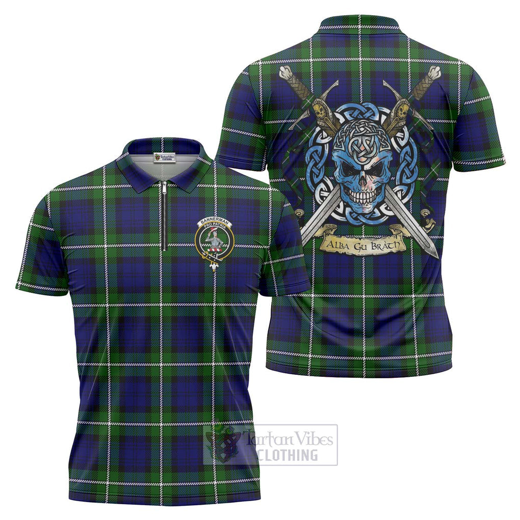 Tartan Vibes Clothing Bannerman Tartan Zipper Polo Shirt with Family Crest Celtic Skull Style