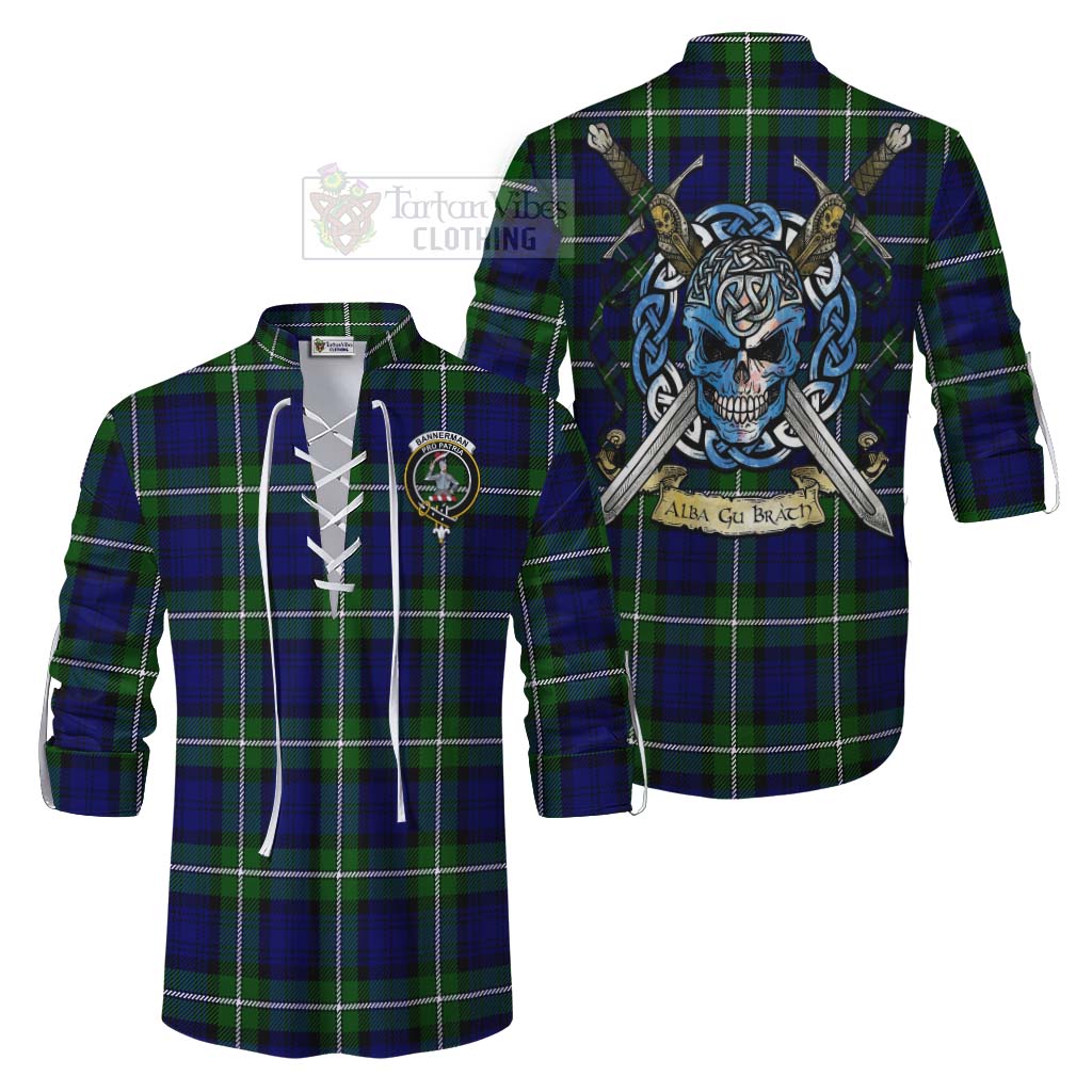 Tartan Vibes Clothing Bannerman Tartan Ghillie Kilt Shirt with Family Crest Celtic Skull Style