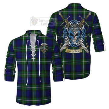 Bannerman Tartan Ghillie Kilt Shirt with Family Crest Celtic Skull Style