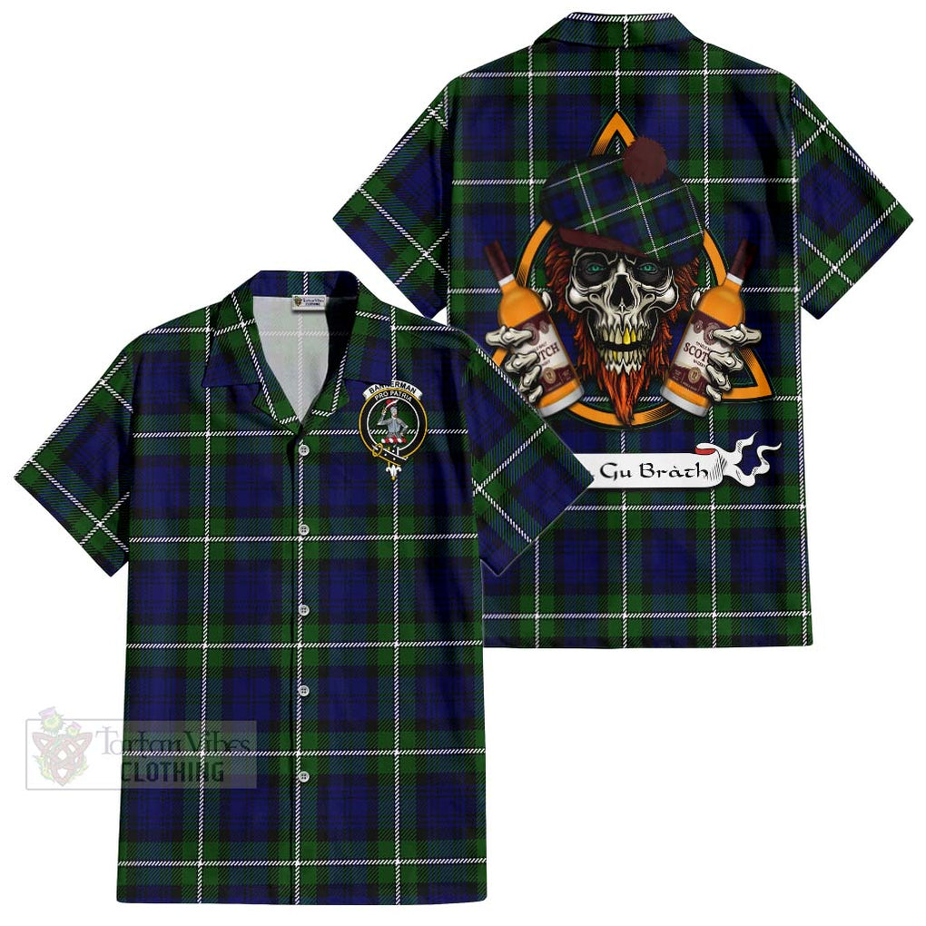 Tartan Vibes Clothing Bannerman Tartan Short Sleeve Button Shirt with Family Crest and Bearded Skull Holding Bottles of Whiskey