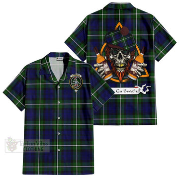 Bannerman Tartan Short Sleeve Button Shirt with Family Crest and Bearded Skull Holding Bottles of Whiskey