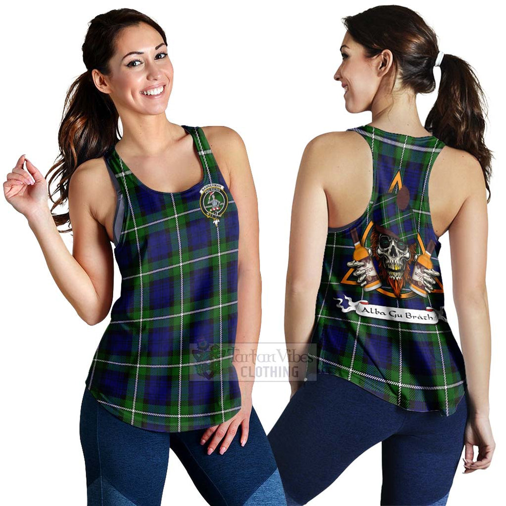 Tartan Vibes Clothing Bannerman Tartan Women's Racerback Tanks with Family Crest and Bearded Skull Holding Bottles of Whiskey