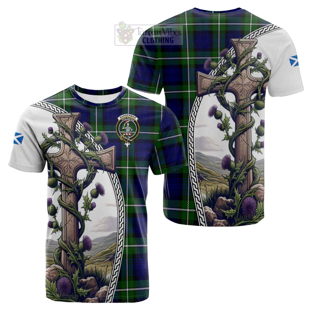 Tartan Vibes Clothing Bannerman Tartan Cotton T-shirt with Family Crest and St. Andrew's Cross Accented by Thistle Vines