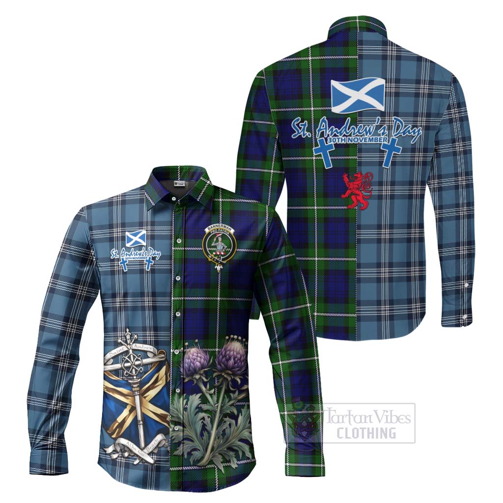 Tartan Vibes Clothing Bannerman Tartan Long Sleeve Button Shirt Happy St. Andrew's Day Half Tartan Style