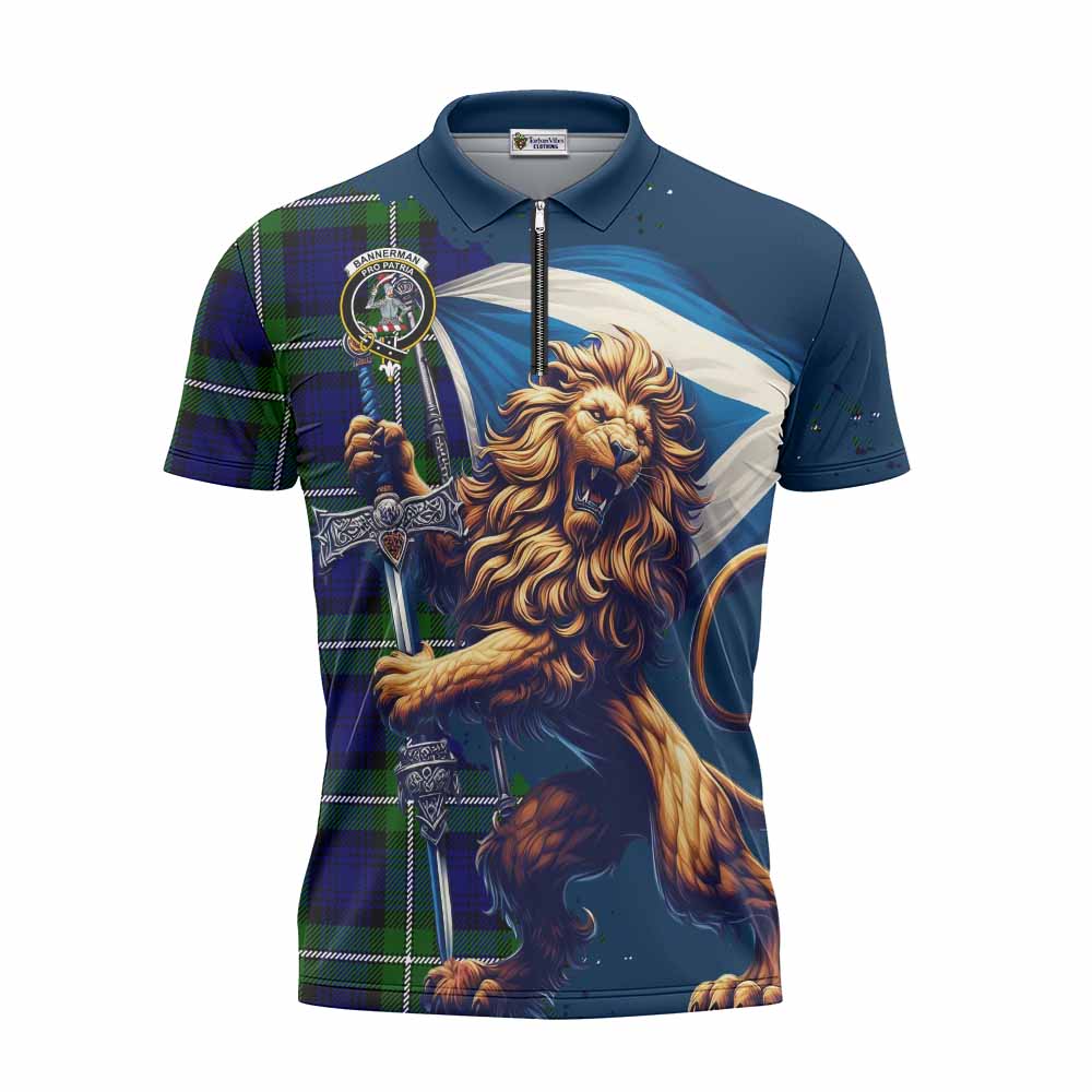 Tartan Vibes Clothing Bannerman Tartan Family Crest Zipper Polo Shirt with Scottish Majestic Lion